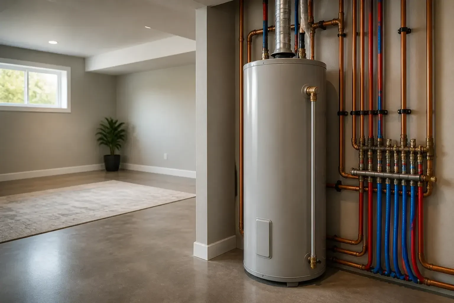 Finished basement utility room with a new water heater and tidy plumbing