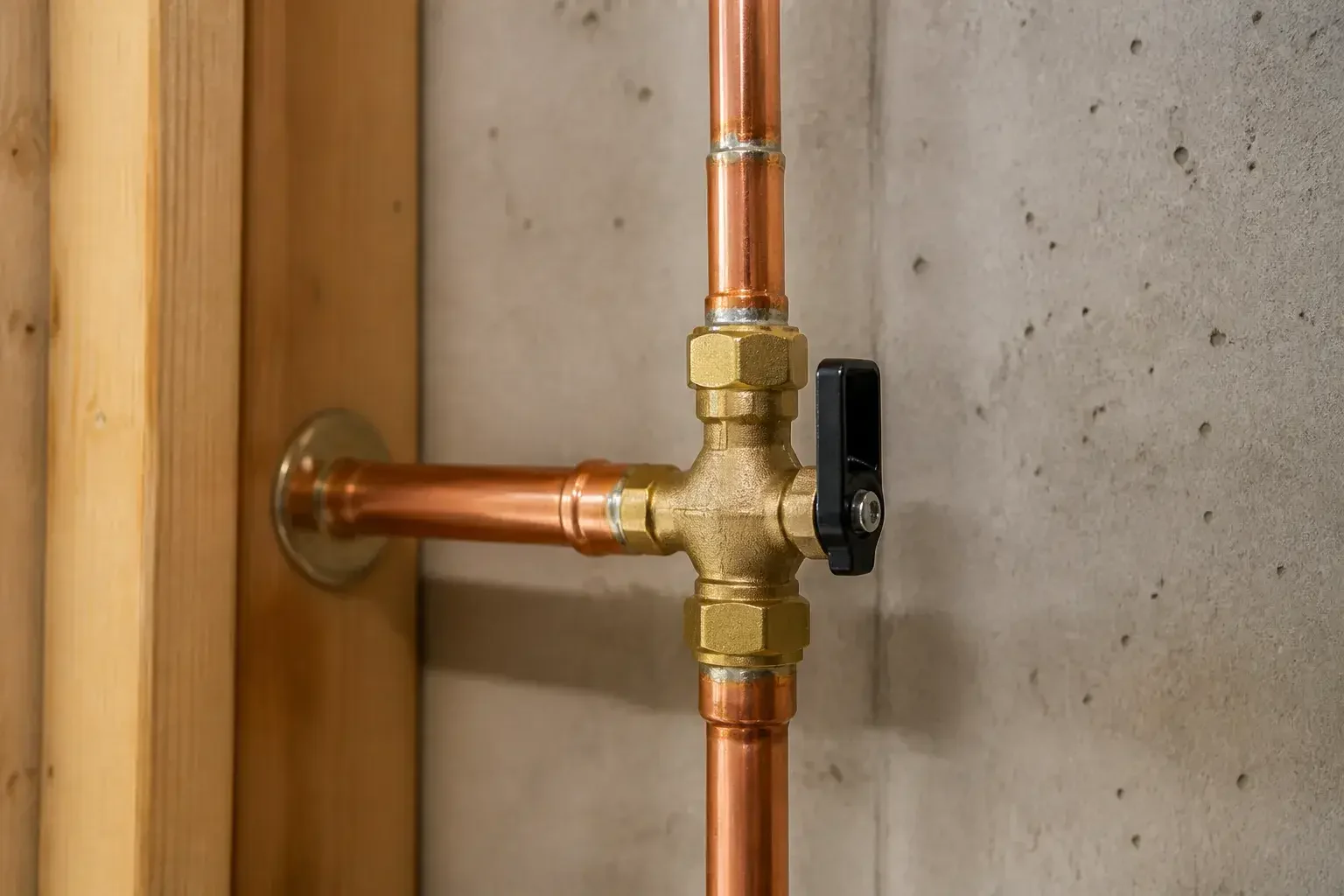 Close view of clean copper pipe connections and a shutoff valve