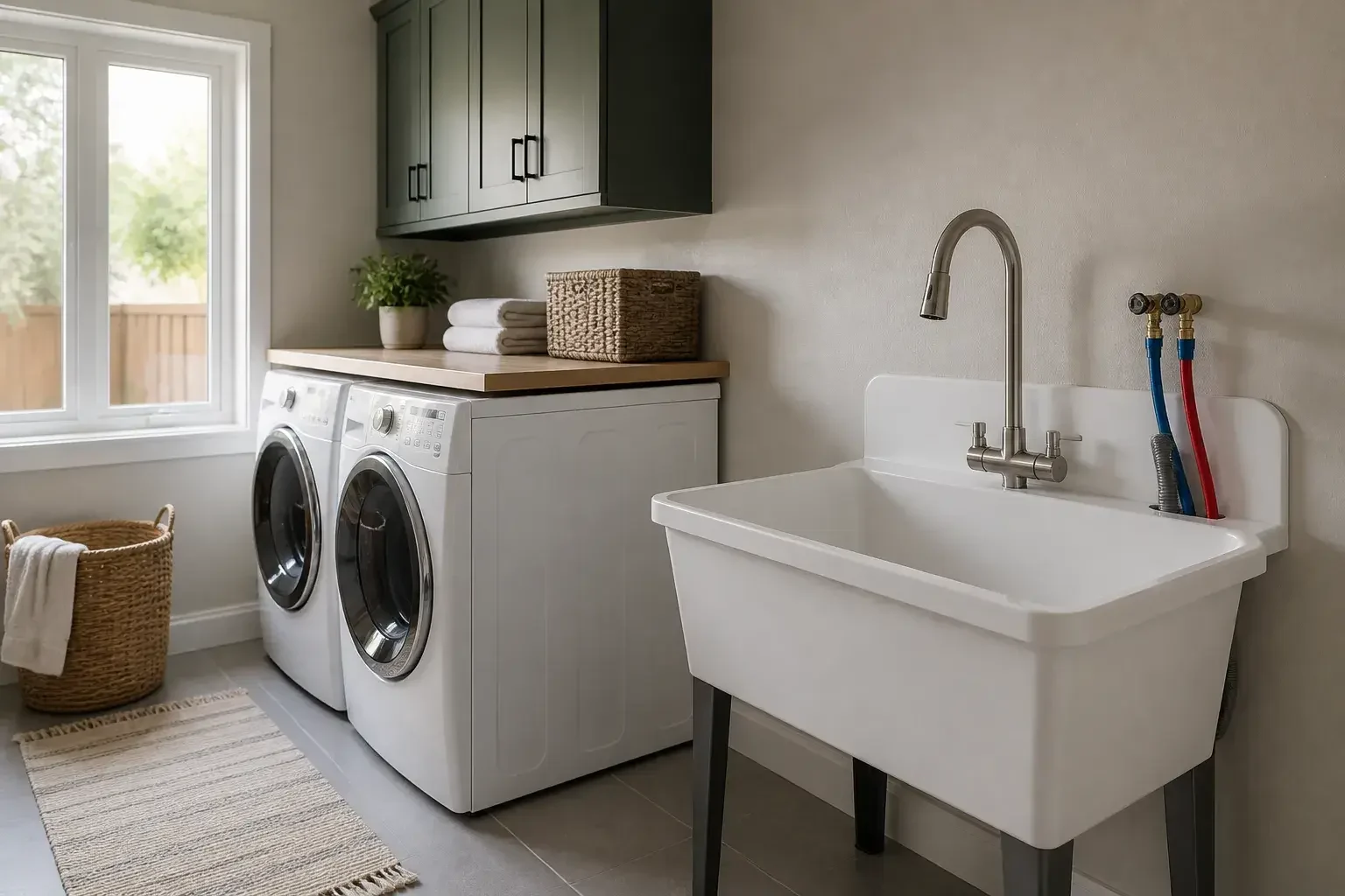 Clean laundry room with a repaired utility sink and finished wall surfaces