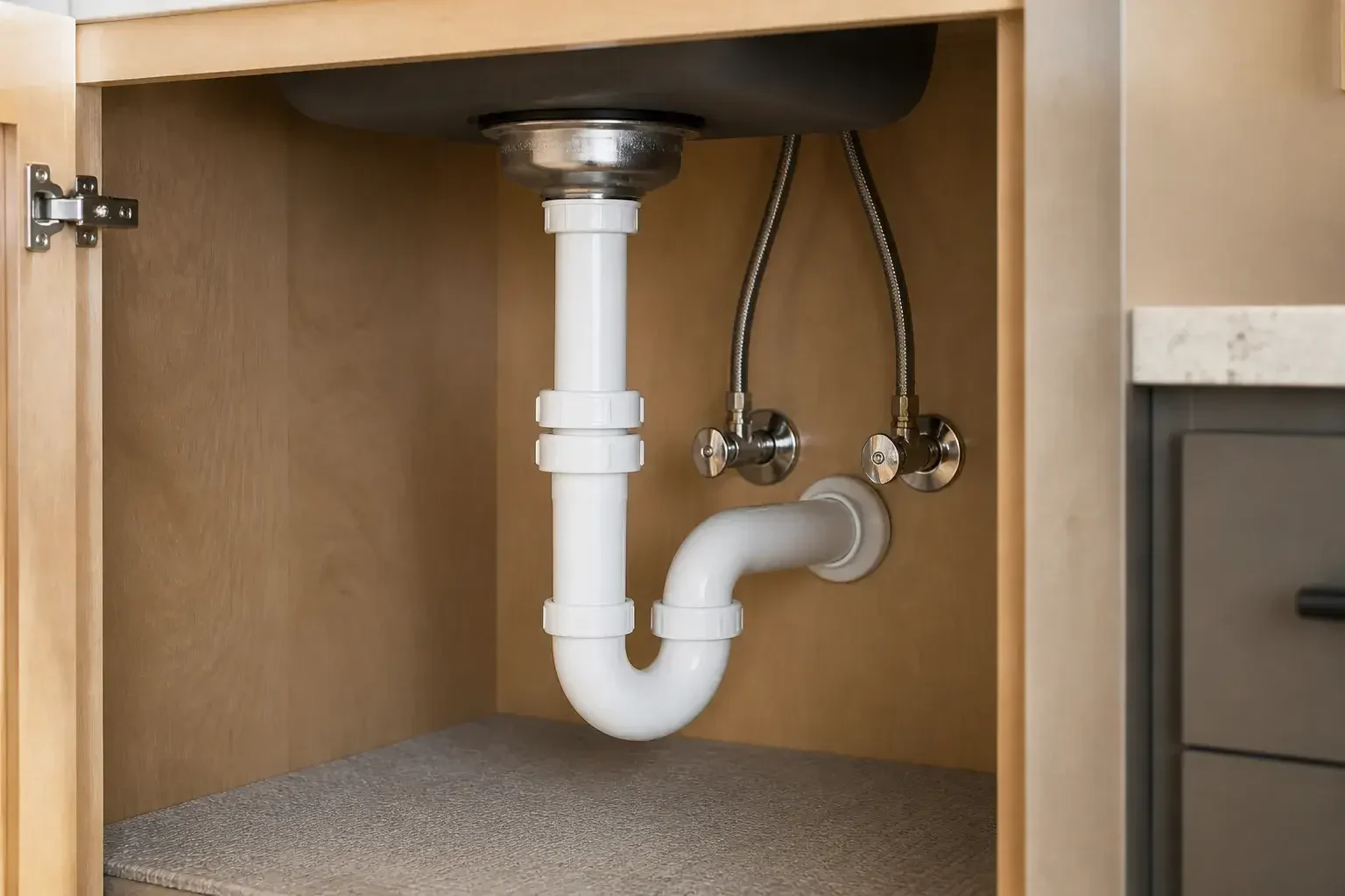 Repaired under-sink plumbing with dry cabinetry and clean fittings