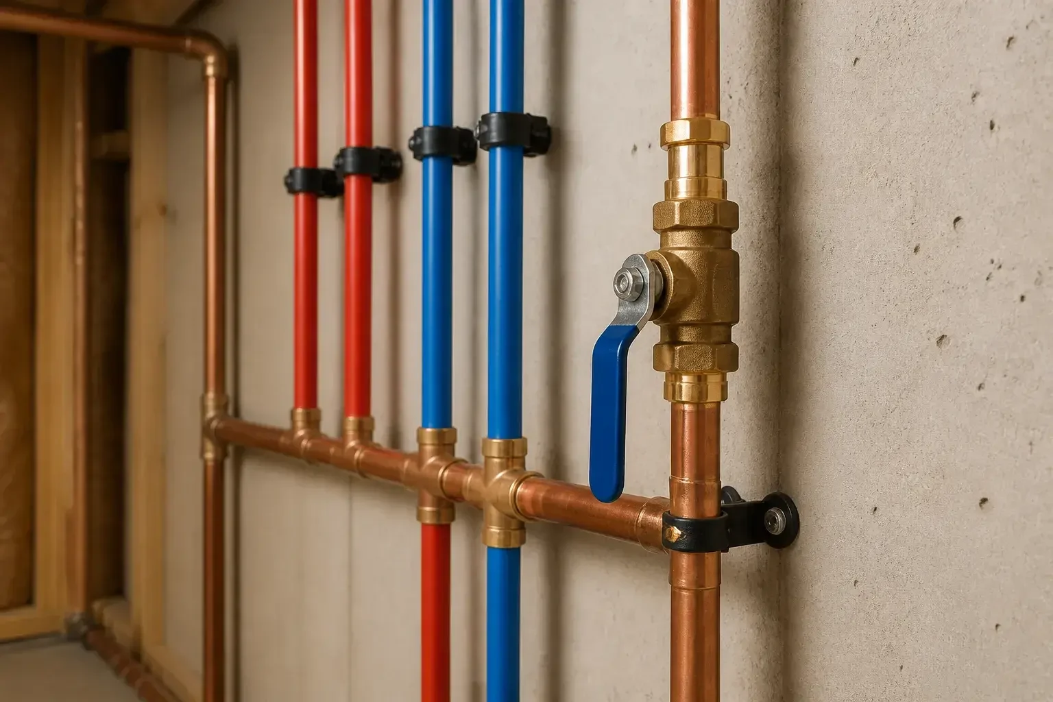 Neatly repiped copper and PEX lines in a clean basement