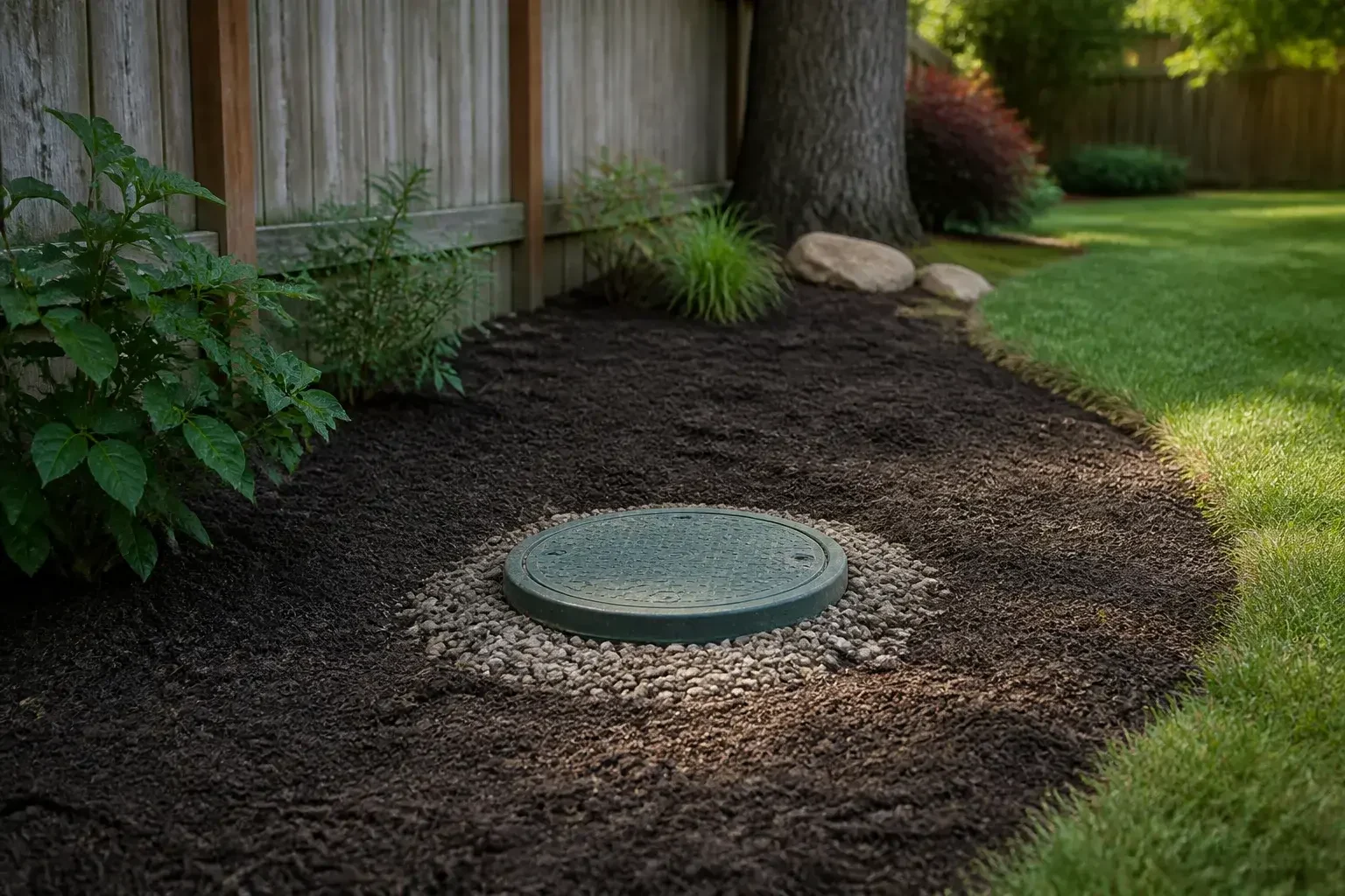 Restored sewer line access area in a backyard