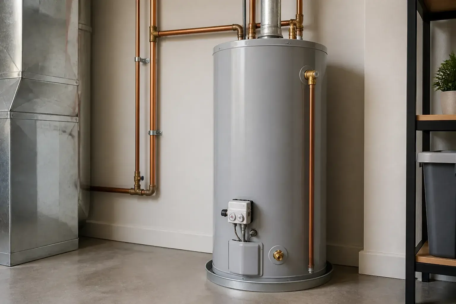 New water heater in a tidy utility space