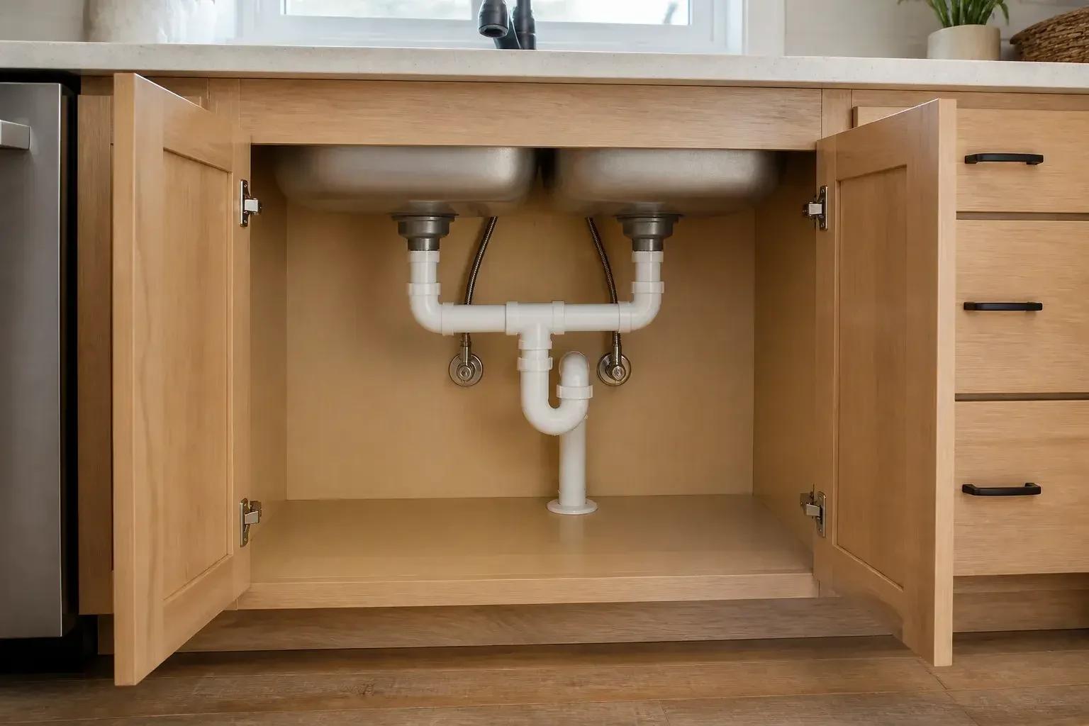 Dry kitchen cabinet with finished under-sink leak repair