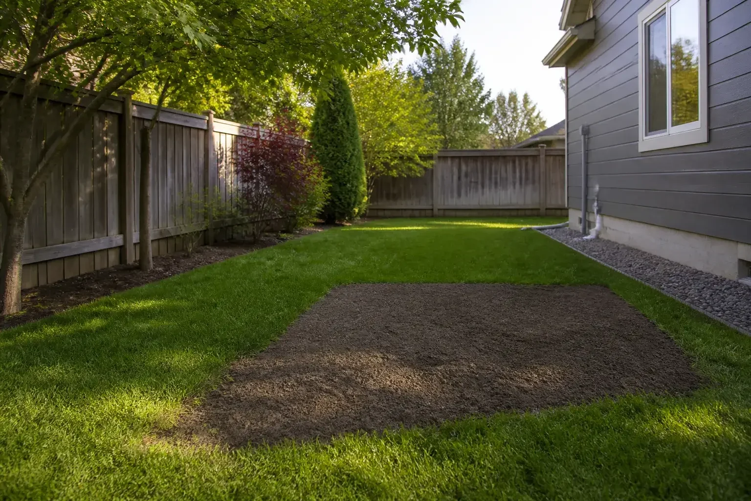 Restored backyard lawn after sewer line work
